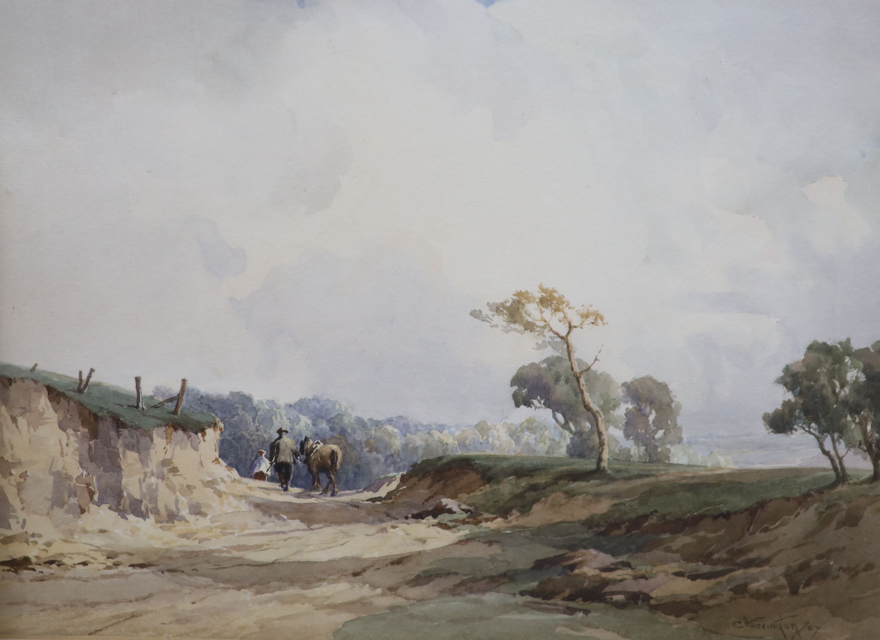 Charles Harrington (1865-1943), two watercolour drawings, 'Road Widening, Sussex' and 'A Chalk Cutting', signed, 27 x 37cm and 17 x 25cm